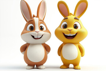 Two cheerful cartoon bunnies, one brown, one yellow, standing side-by-side.
