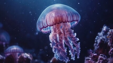 Underwater jellyfish, ocean depths, vibrant colors, marine life
