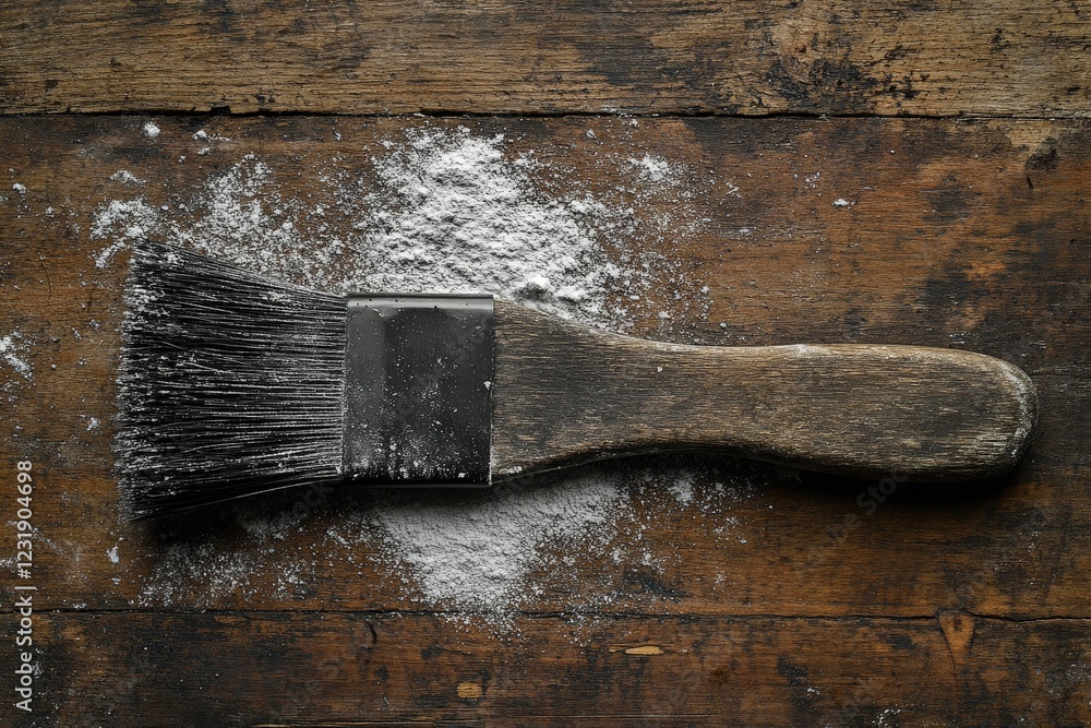 Aufkleber brush covered in powder rests on a rustic wooden surface during a crafting session in a cozy worksho