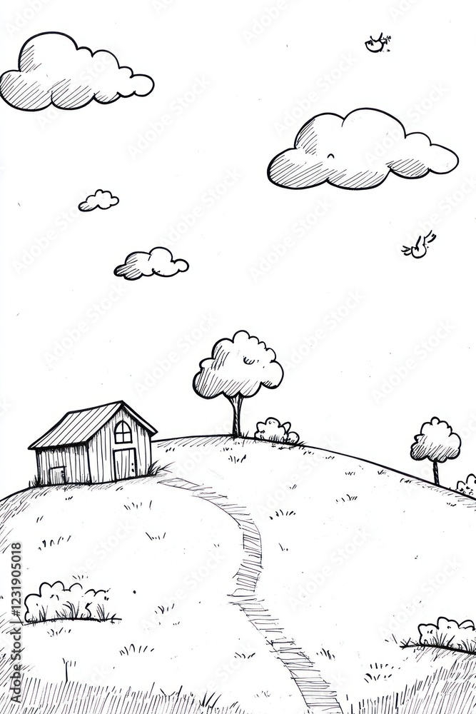 Poster a simple black and white illustration of a small barn on a grassy hill with a winding path leading u