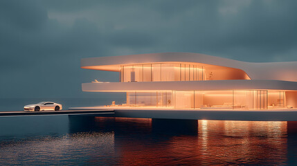 Modern waterfront mansion at dusk, car arriving