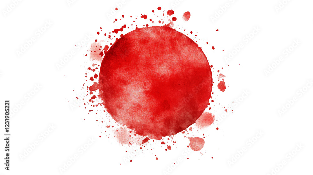 Poster A digitally rendered image depicting a large red watercolor circle with surrounding smaller red splatters against a black background.