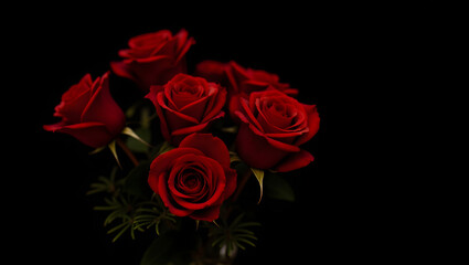 A  gorgeous bouquet of red roses, with petals soft to the touch, artfully arranged with curled leaves and a few sparkling droplets of water, set against a deep, velvety black background