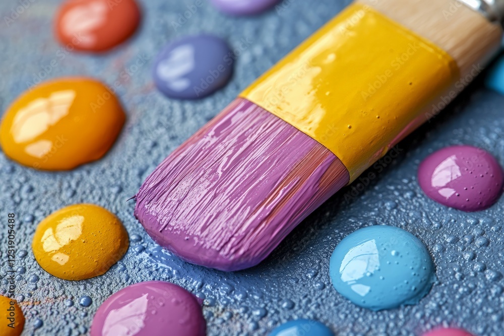 Aufkleber colorful paint drops and brush create an artistic setting in a creative workspace
