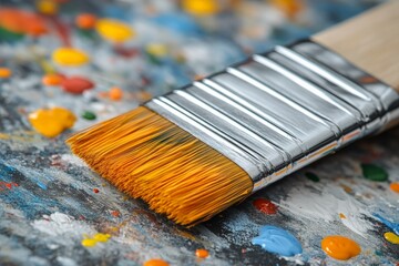 Colorful paintbrush resting on a vibrant splattered surface in an artist's workspace filled with paint