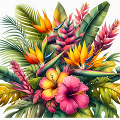 A colorful and eye-catching watercolor illustration of exotic flowers, perfect for home decor, textiles, or any tropical-themed design.