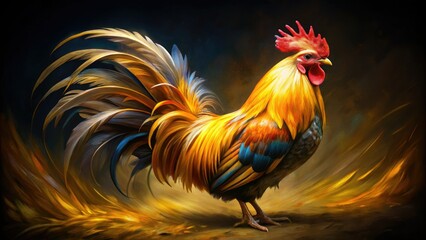 Fototapeta premium A golden rooster bursts from a black canvas, vibrant brushstrokes capturing its regal form.