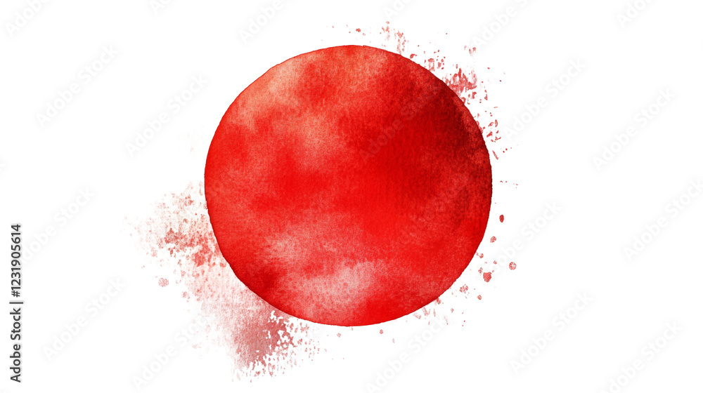 Poster An abstract image featuring a large red watercolor circle with surrounding splashes and splatters against a black background.