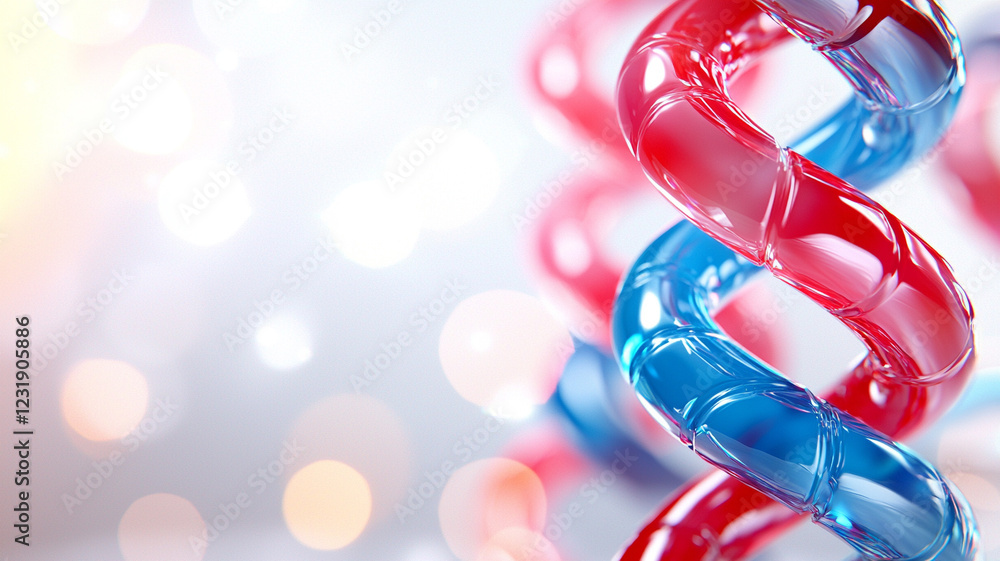 Poster abstract representation of a dna double helix, rendered in translucent red and blue, set against a b