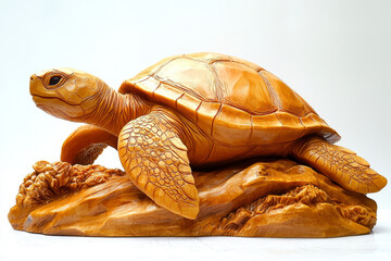 Naklejka premium Intricate wooden carving of a sea turtle resting on a rock.