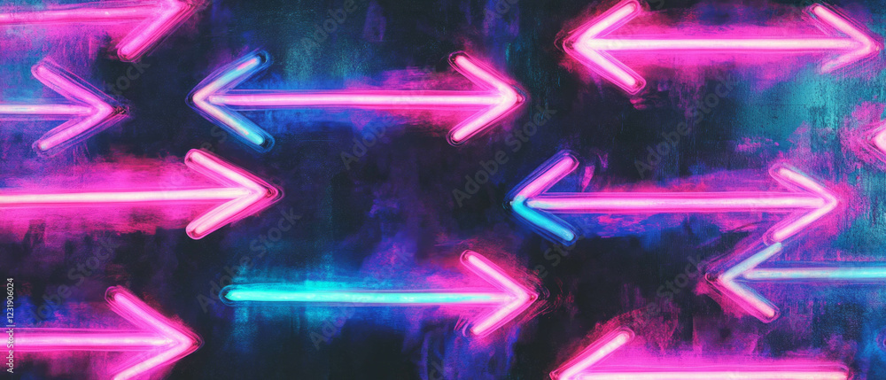 Poster neon arrows with directional lines and vibrant glow create a guiding atmosphere in a dark setting