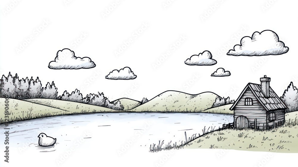 Poster a simple black and white line drawing of a cabin on a lake with hills and trees in the background an