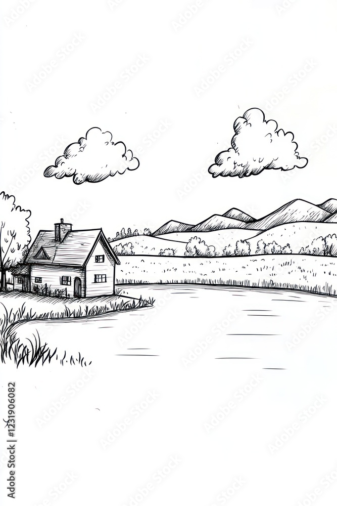 Poster a simple black and white line drawing of a cottage by a river with hills and clouds in the backgroun
