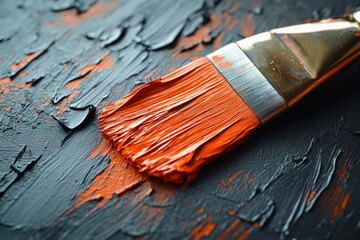 Fototapeta premium Bright orange paintbrush resting on textured black surface with artistic strokes in a creative workspace