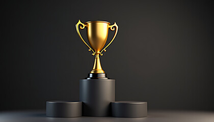 Golden trophy on a podium against a dark background