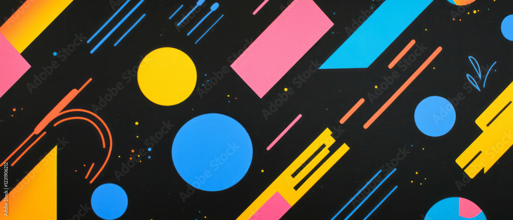 Poster neon geometric patterns create dynamic visual effects with illumination on black background