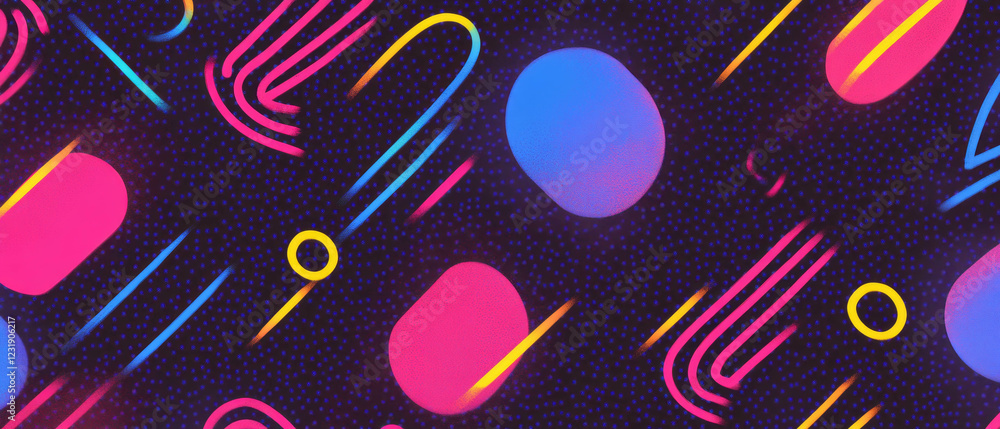 Poster bright neon geometric patterns create a dynamic texture on a black background