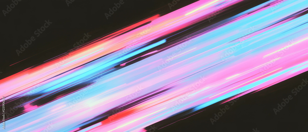 Poster vibrant neon glitch effect with dynamic lines and colors on a black background