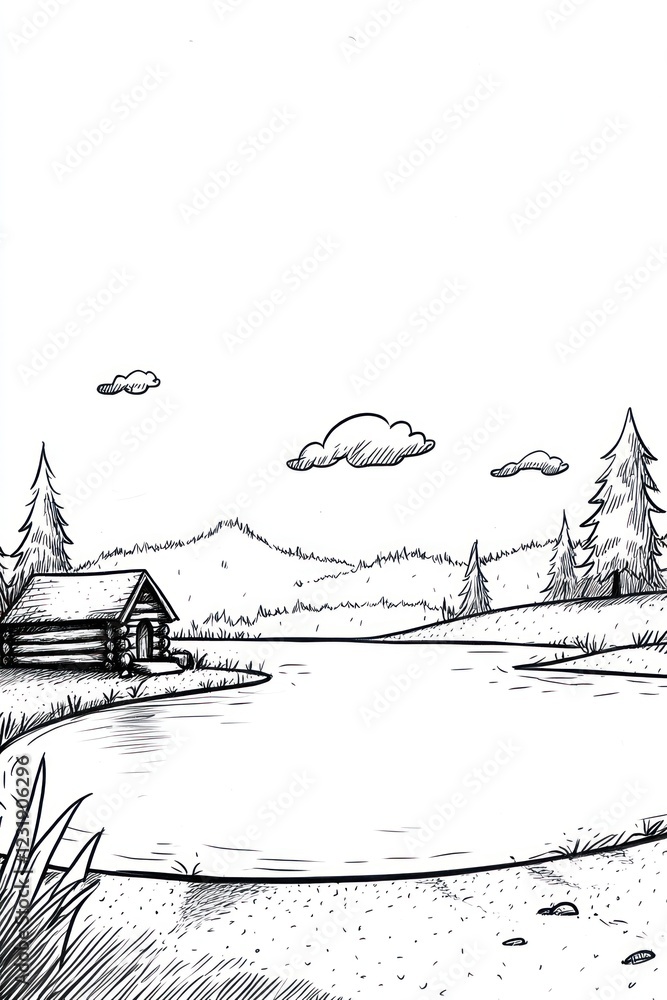 Poster a simple black and white line drawing of a small cabin by a lake with trees in the background.