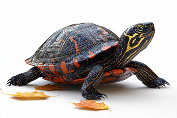 Obraz premium Painted turtle amidst autumn leaves.