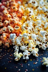 A pile of popcorn sitting on top of a table, perfect for snacking or serving at parties