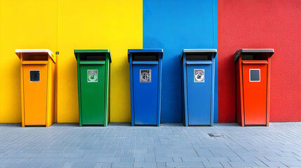 Colorful recycling bins against vibrant wall