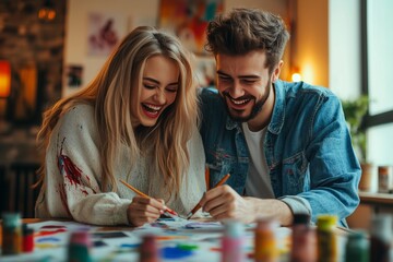 Fototapeta premium Couple in love paint together with bright colors on canvas. Hugging and smiling couple in love paint hearts on paper. Valentine's Day.