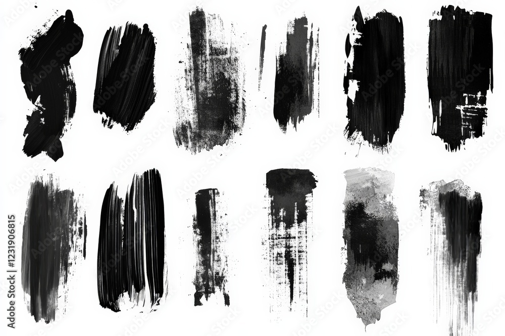 Poster black paint strokes create abstract textures for artistic design and creativity