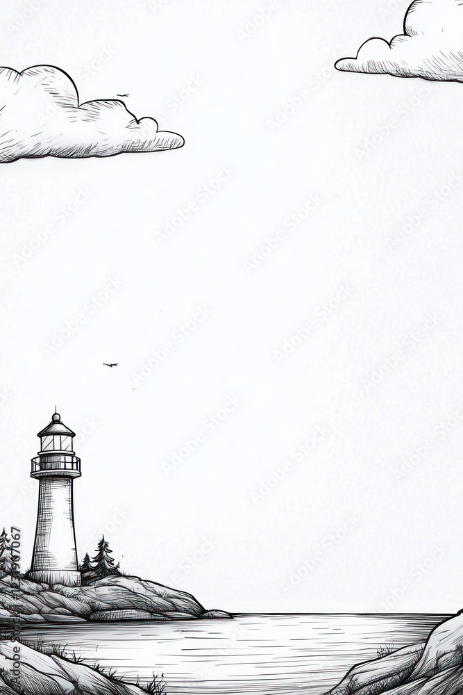 Poster a simple black and white sketch of a lighthouse on a rocky coast with two clouds in the sky.