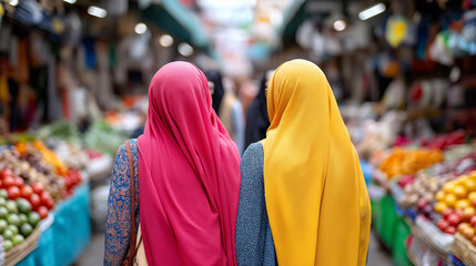 Women in chadors explore vibrant marketplace filled with fresh produce and colorful goods
