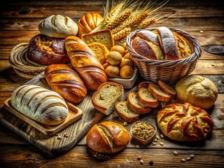 Artisan bread photoshoot: a delectable still life of gourmet baked goods.