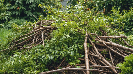 Pile of tree branches and twigs in garden with greenery
