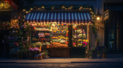 Naklejka premium Flower shop facade in night city street. Vector cartoon illustration of urban floral boutique, gift storefront with illuminated windows and garlands, striped tent above door, flowerpots on shelf