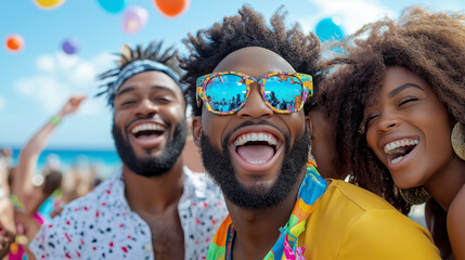 Jamaican people enjoying a vibrant Reggae beach festival celebration under sunny skies