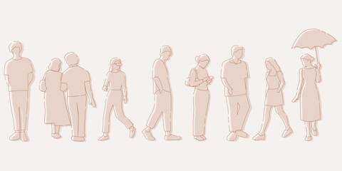 flat minimal people male and female vector illustration in spring summer clothing concept isolated set collection. Outline with silhouette shadow. For architecture, design, info graphic, media