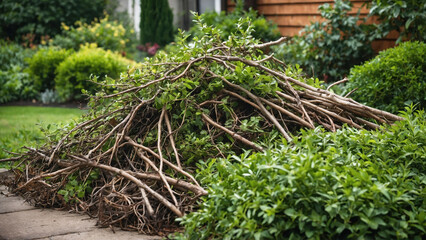 Obraz premium Pile of broken tree branches on grass in garden 