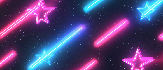 Neon stars create a vibrant cosmic backdrop with glowing effects in a dark expanse