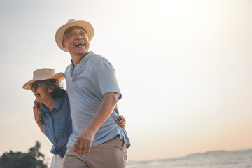 Senior relaxing beach vacations. Elderly plan insurance retirement.