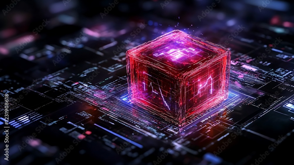 Poster glowing red cube hologram on futuristic tech interface