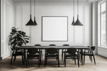 Elegant dining room with long black table, black chairs, and large blank frame.