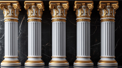 Fototapeta premium Ancient roman columns, gold and white marble architecture decor. Vector realistic set of 3d antique greek white stone pillars with golden capitals isolated on black background