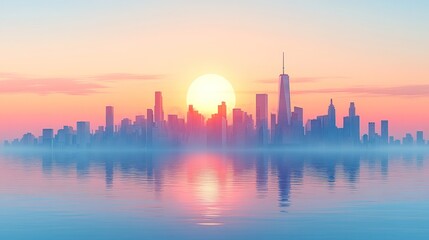 Sunrise Cityscape Reflection, Calm Waters