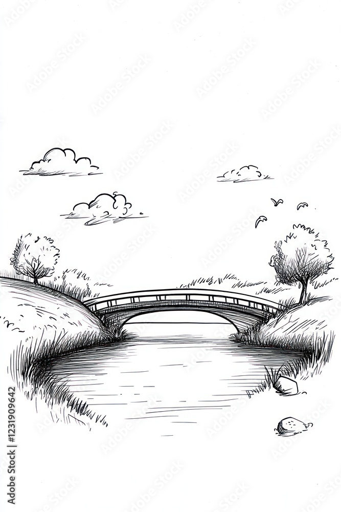 Poster a simple line drawing of a bridge over a river with trees and clouds in the background.