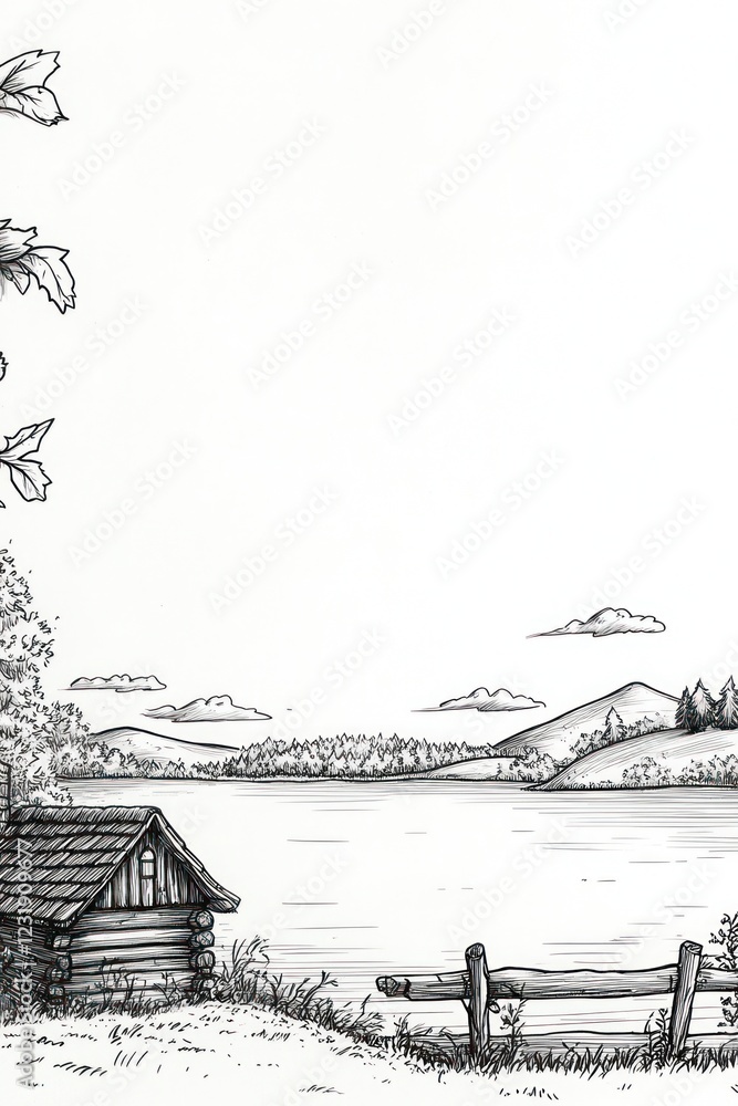 Poster a simple line drawing of a cabin by a lake with a fence and trees in the background.