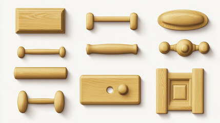 Wooden door handles, column and twisted knobs bar shapes isolated on transparent background. Yellow wood doorknobs, element for interior design and home decor, Realistic 3d vector icons, clip art set