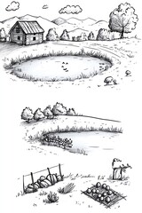 Obraz premium A simple line drawing illustration of a rural setting with a pond, a barn, and a fence.