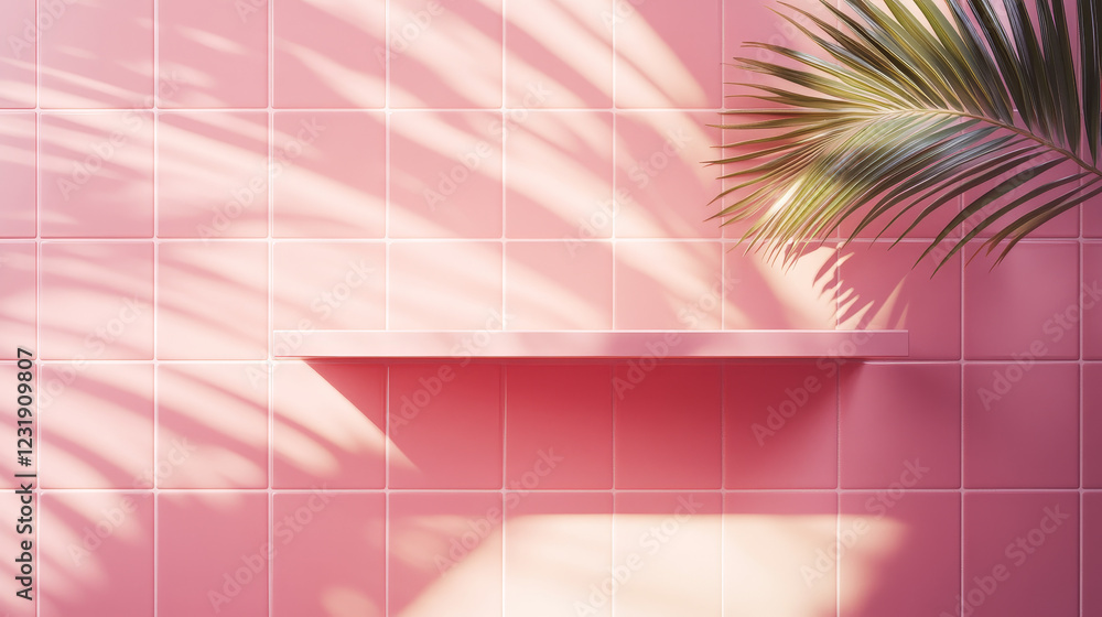 Poster pink tile shelf podium 3d minimal background. realistic bathroom studio scene with palm leaf shadow.