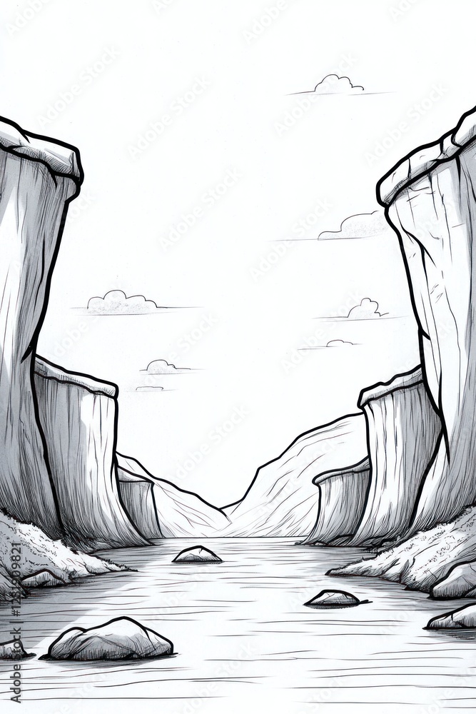Poster a simple line drawing of a canyon with a river running through it.