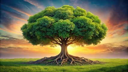 Fototapeta premium Majestic ancient tree with sprawling roots basking in the warm glow of a vibrant sunset