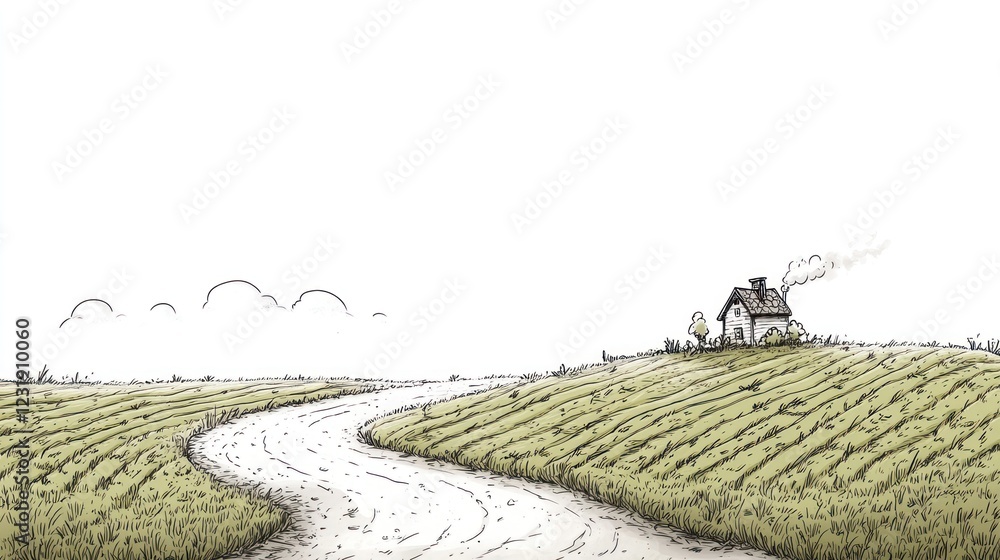 Poster a simple line drawing of a farmhouse on a hill with a winding path leading to it.